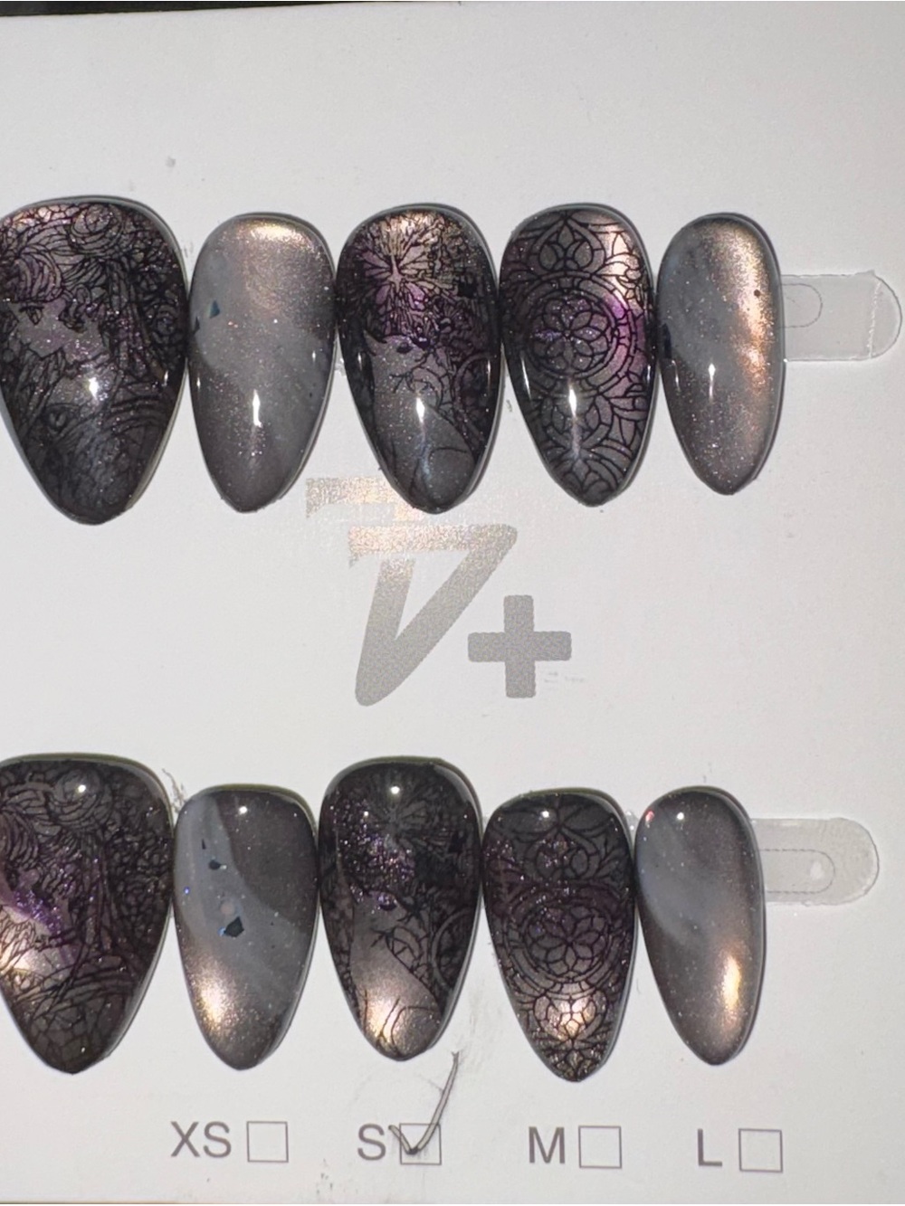 Grey Metallic Press-On Nail Set with Floral Accent